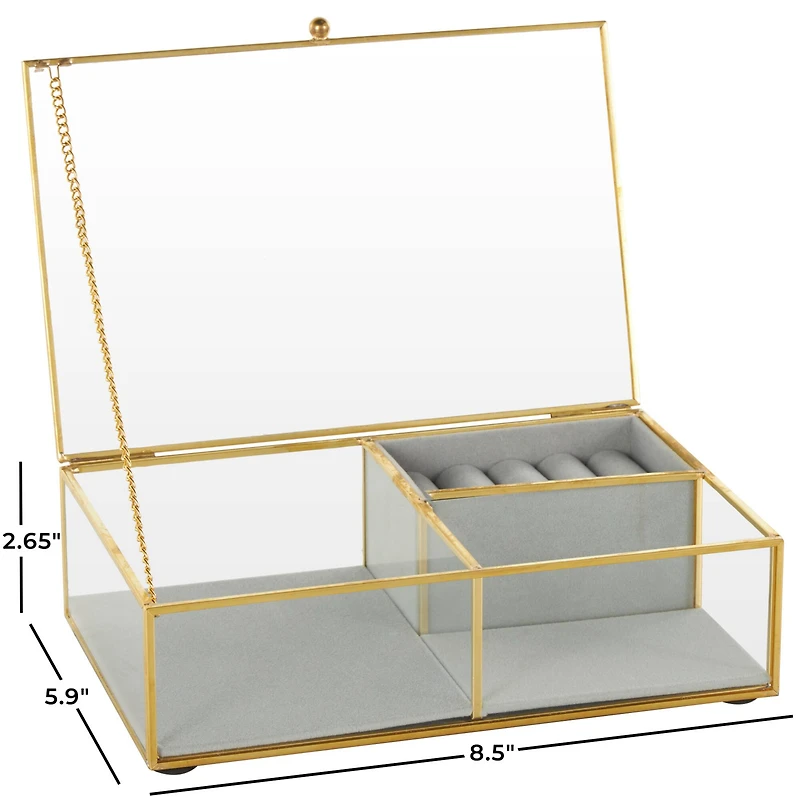 9" x 6" x 3" Clear & Gold Glass & Metal Jewelry Box with Chain Accent & Fabric Ring Slots