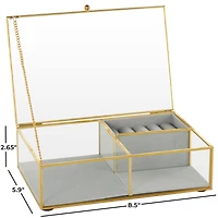 9" x 6" x 3" Clear & Gold Glass & Metal Jewelry Box with Chain Accent & Fabric Ring Slots