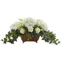 Hydrangea & Roses Artificial Arrangement in Metal Planter