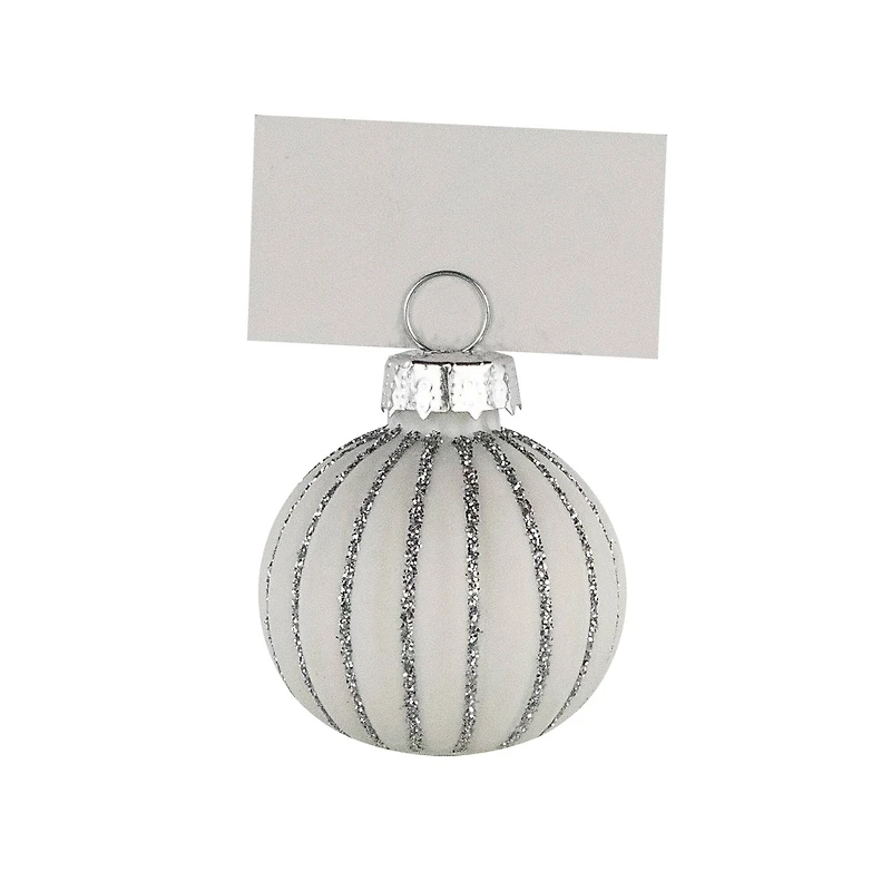 Glitter Striped White Glass Christmas Ornament with Place Card Holders, 6 ct.