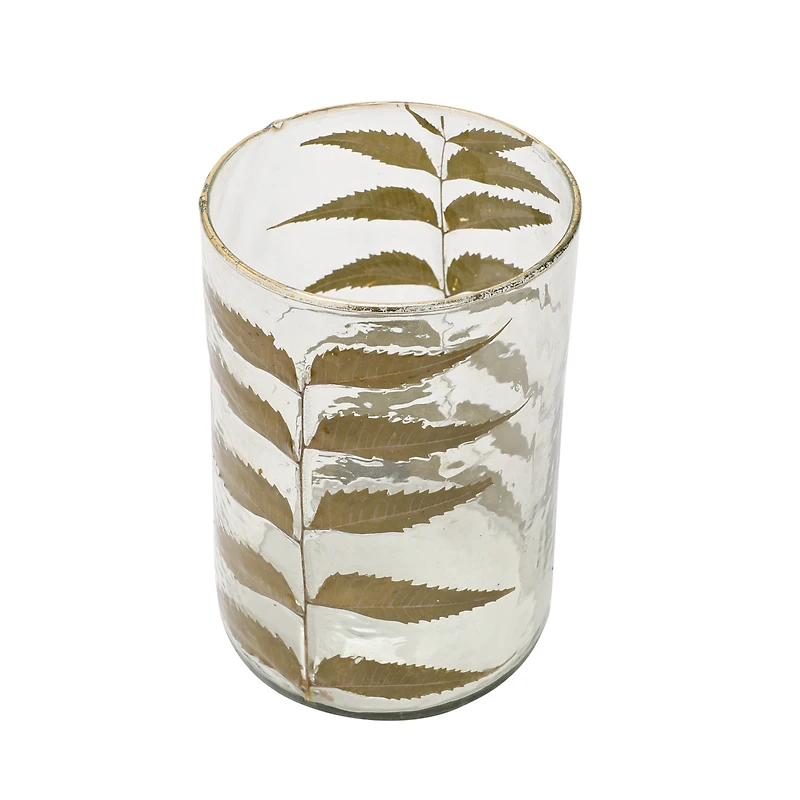 Hello Honey® 6.5" Embedded Neem Leaves & Foil Edge Handblown Glass Hurricane