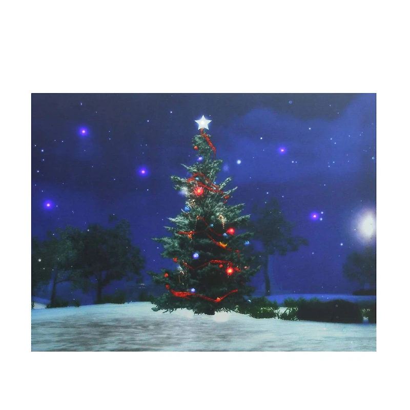 LED Lighted Decorated Christmas Tree At Night With Stars Canvas Wall Art