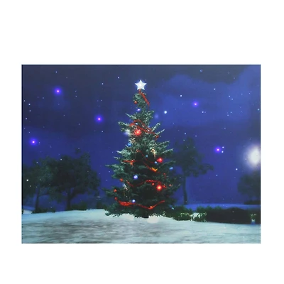 LED Lighted Decorated Christmas Tree At Night With Stars Canvas Wall Art
