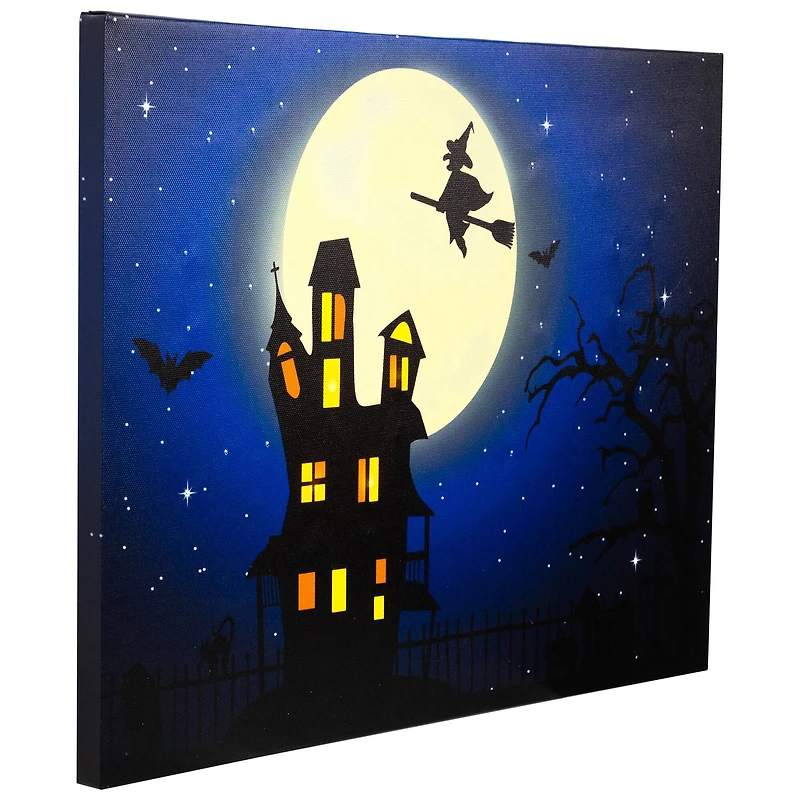 LED Lighted Witch in the Moon Halloween Canvas Wall Art