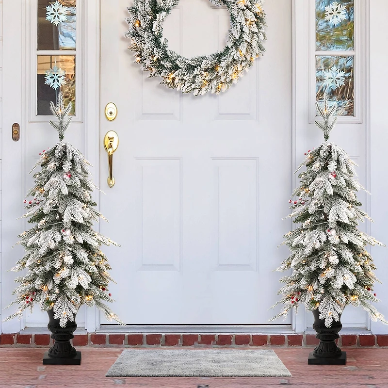 2 Pack 4ft. Pre-Lit Flocked Red Berry Fir Artificial Christmas Porch Tree in Urn, Warm White Lights