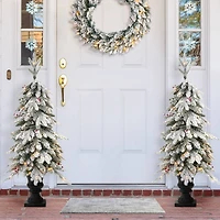 2 Pack 4ft. Pre-Lit Flocked Red Berry Fir Artificial Christmas Porch Tree in Urn, Warm White Lights
