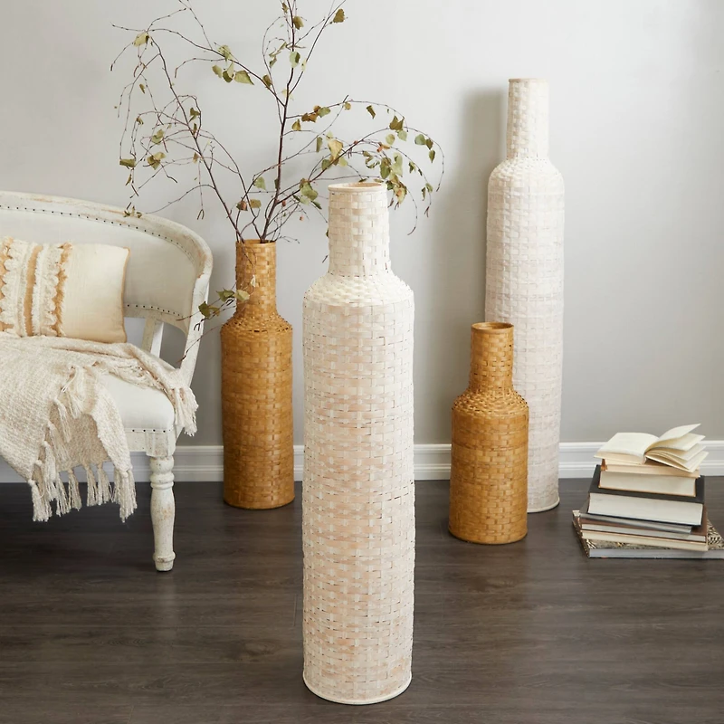 White Bamboo Tall Woven Floor Vase 9" x 9" x 39"