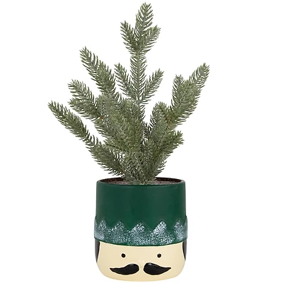 14.75" Unlit Lightly Frosted Mini Christmas Tree in Green Nutcracker Ceramic Pot
