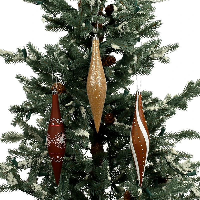 6 Pack 7.7" Brown, White & Gold Glitter Shatterproof Teardrop Ornaments by Ashland®