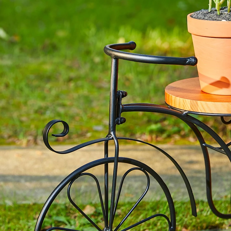 Glitzhome® 24" Black Metal Tricycle Planter Stand with Solid Wood Tray