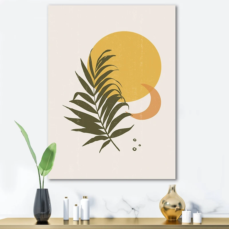 Designart - Abstract Yellow Sun and Moon With Tropical Leaf I