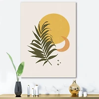 Designart - Abstract Yellow Sun and Moon With Tropical Leaf I