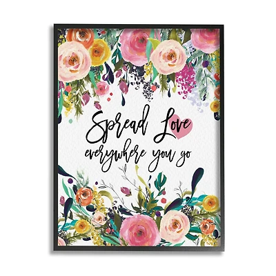 Stupell Industries Spread Love Phrase Pink Floral Blooms Calligraphy Framed Giclee Art