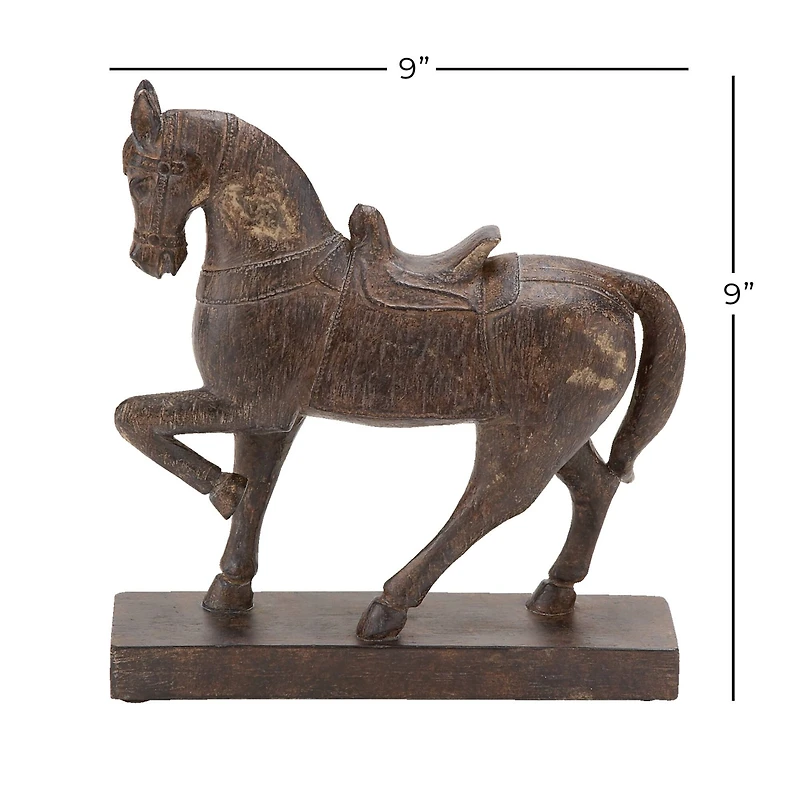 Traditional Brown Polystone Standing Horse Table Sculpture, 9" x 9" x 3"