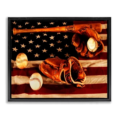 Stupell Industries Vintage American Flag Baseball Photo Floater Framed Art