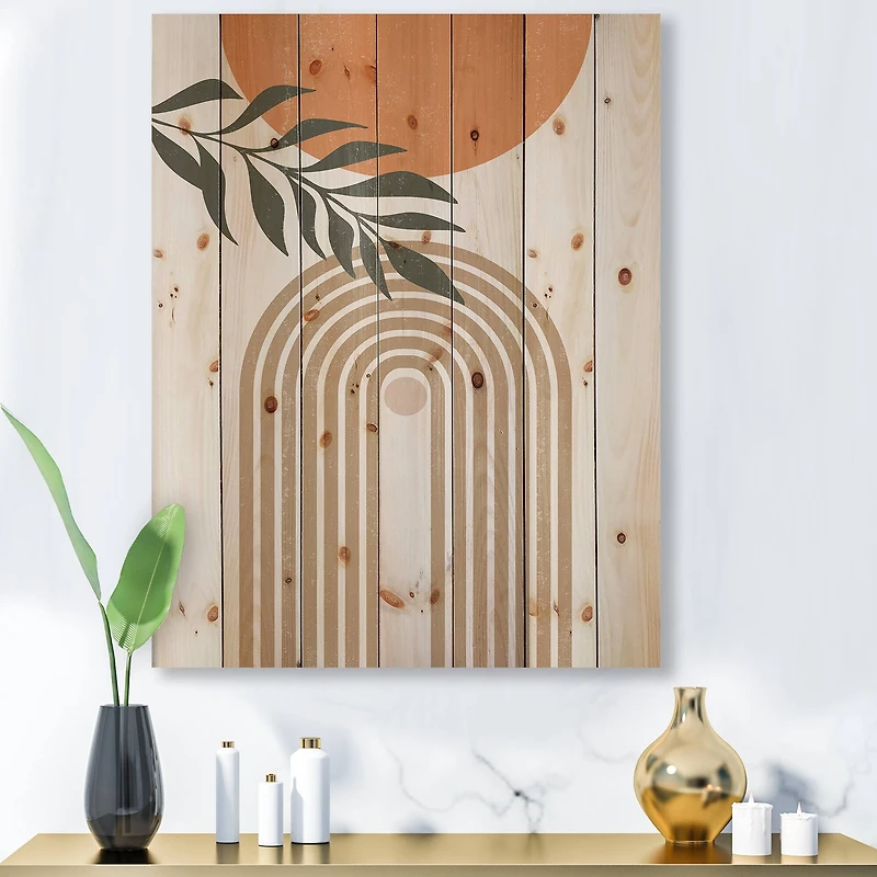 Designart - Abstract Sun Moon Leaves I - Modern Print on Natural Pine Wood