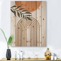 Designart - Abstract Sun Moon Leaves I - Modern Print on Natural Pine Wood