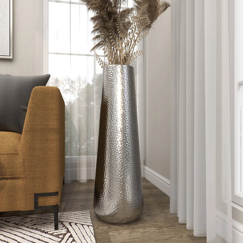 31" Silver Aluminum Tall Hammered Vase