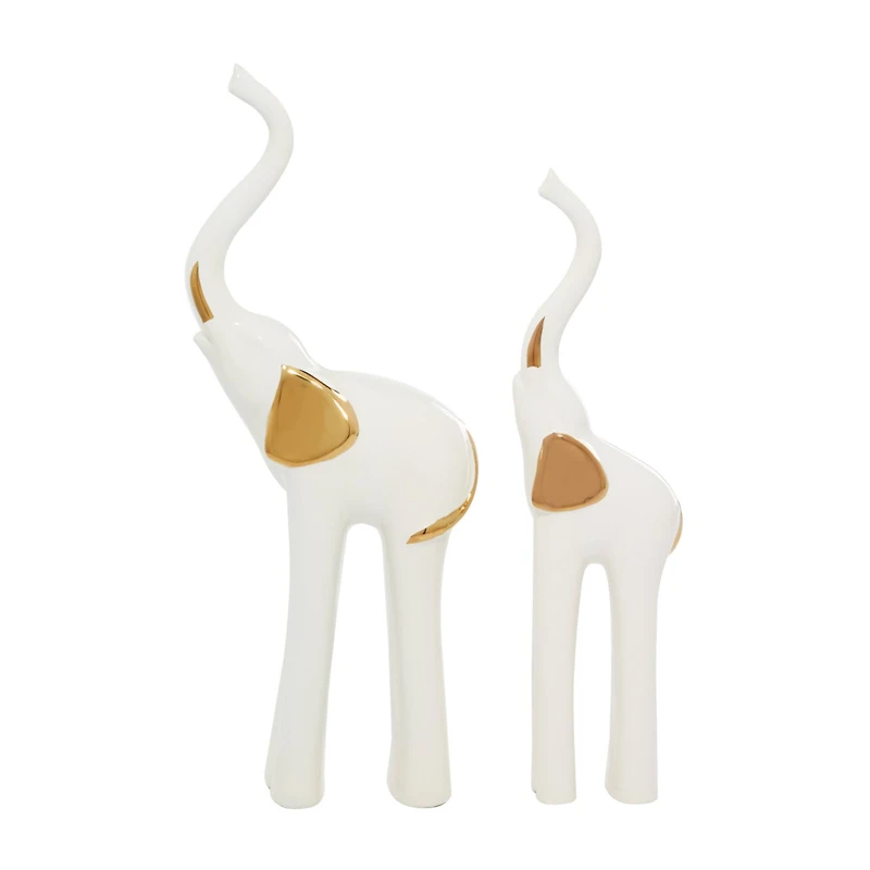 Set of 2 Gold Porcelain Glam Elephant Sculpture, 14", 16"