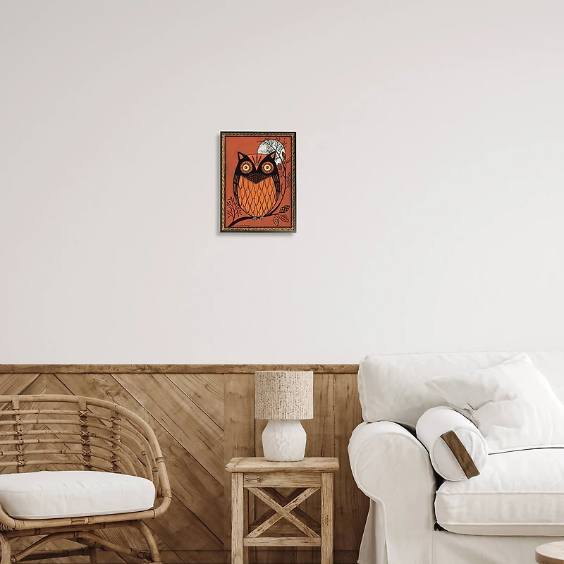 Stupell Industries Round Owl Autumn Botanical Border Framed Giclee Art
