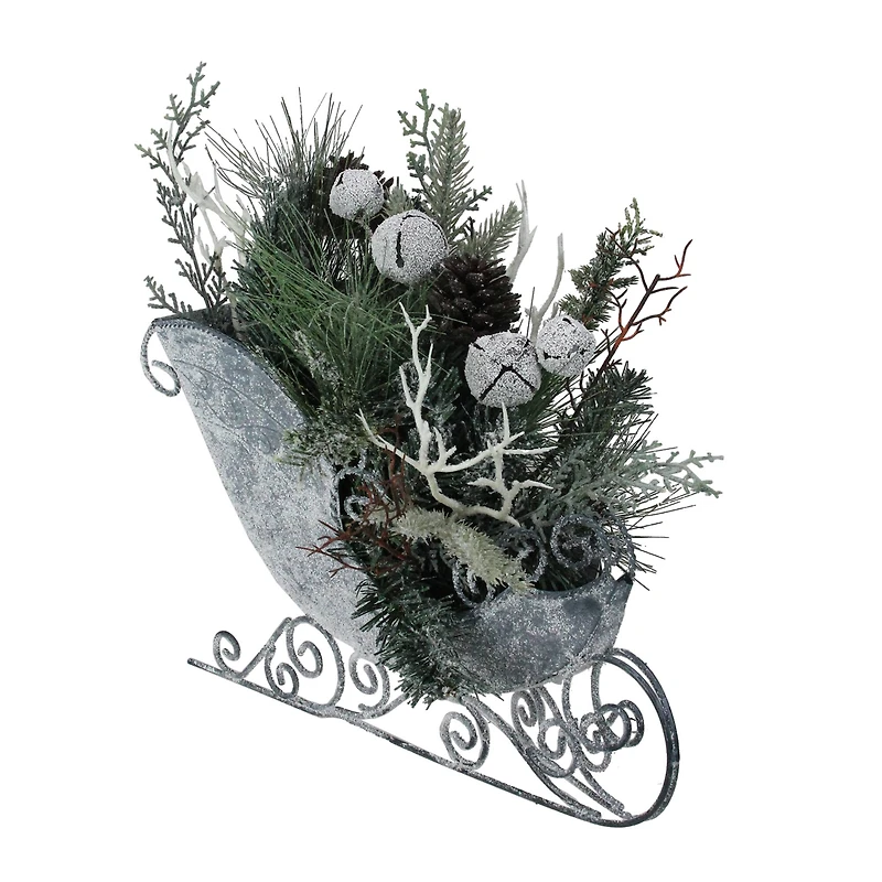 9.5" Gray & Green Frosted Pinecone in Foliage Filled Tabletop Sleigh