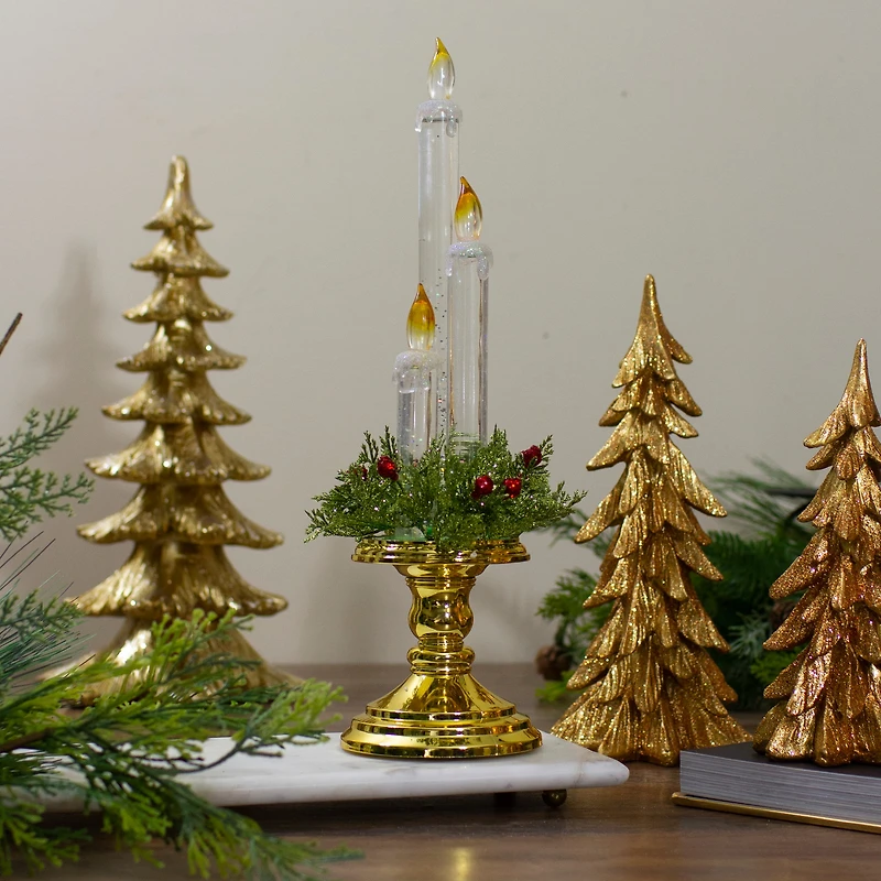 14.5" Lighted Water Candle on Gold Base with Berries