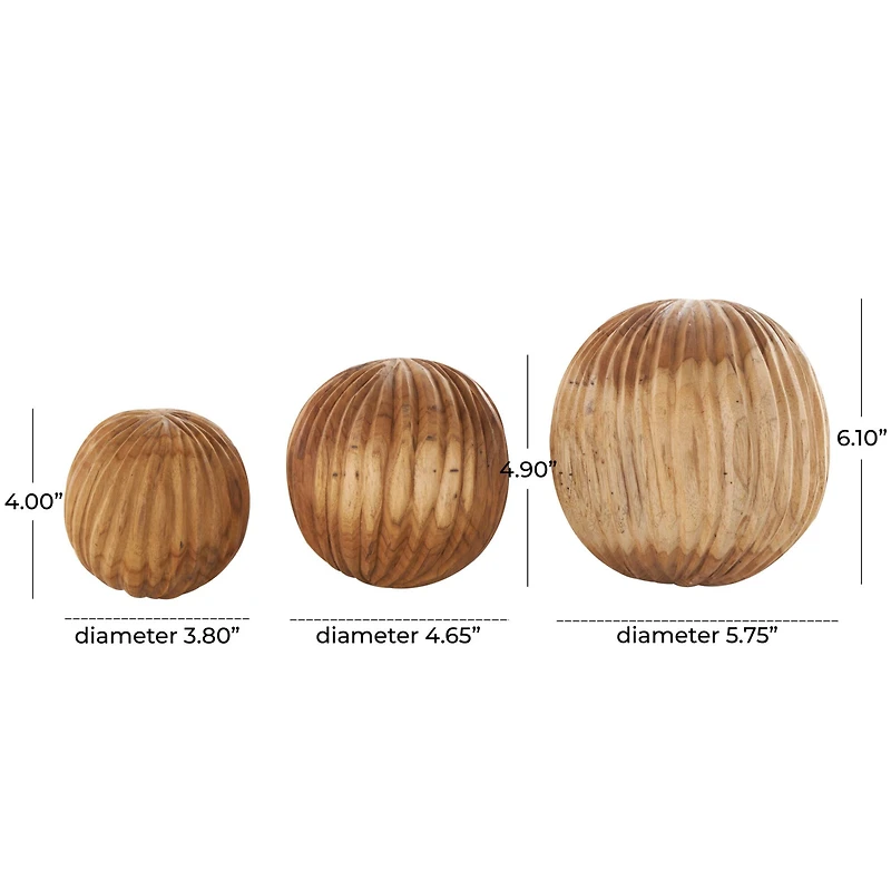 Brown Teak Wood Carved Textured Orbs Set
