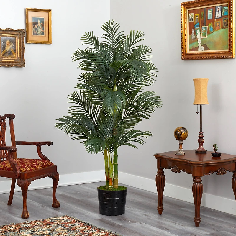 6ft. Golden Cane Artificial Palm Tree in Black Tin Planter