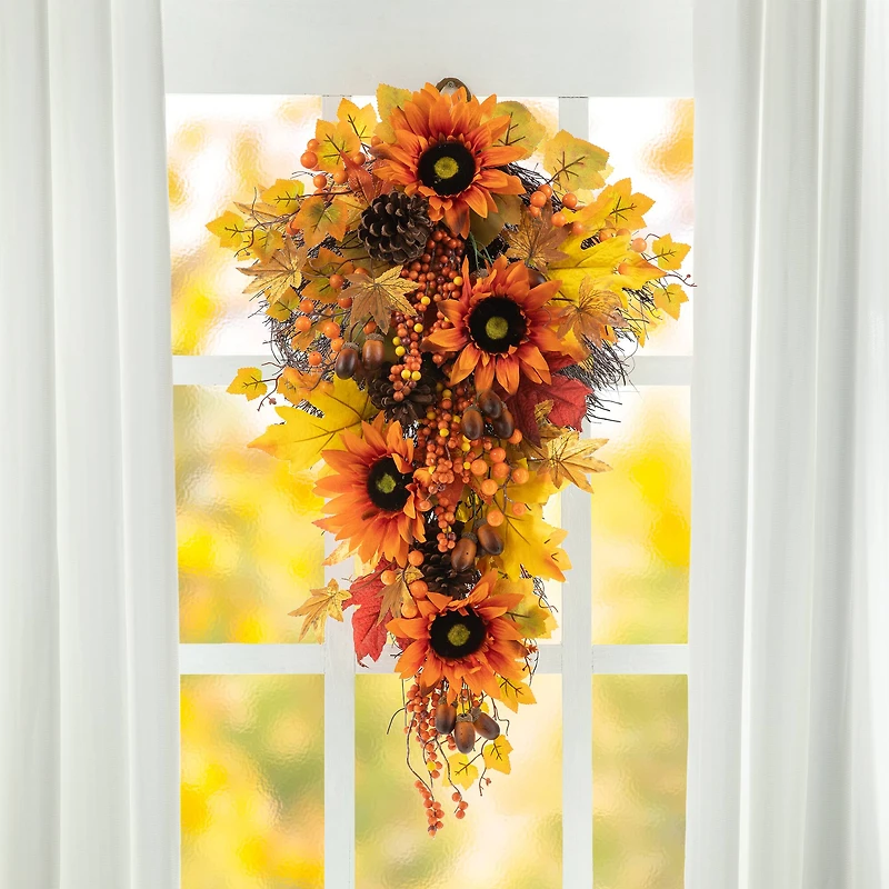 Glitzhome® 27" Fall Sunflower, Maple Leaf & Berry Swag