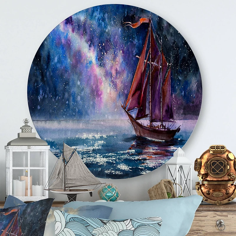 Designart - Wooden Sailboat With Red Sails & Bright Night Sky