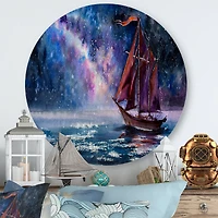 Designart - Wooden Sailboat With Red Sails & Bright Night Sky