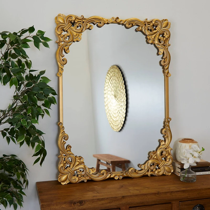 Gold Wood Carved Acanthus Floral Wall Mirror 30" x 2" x 41"