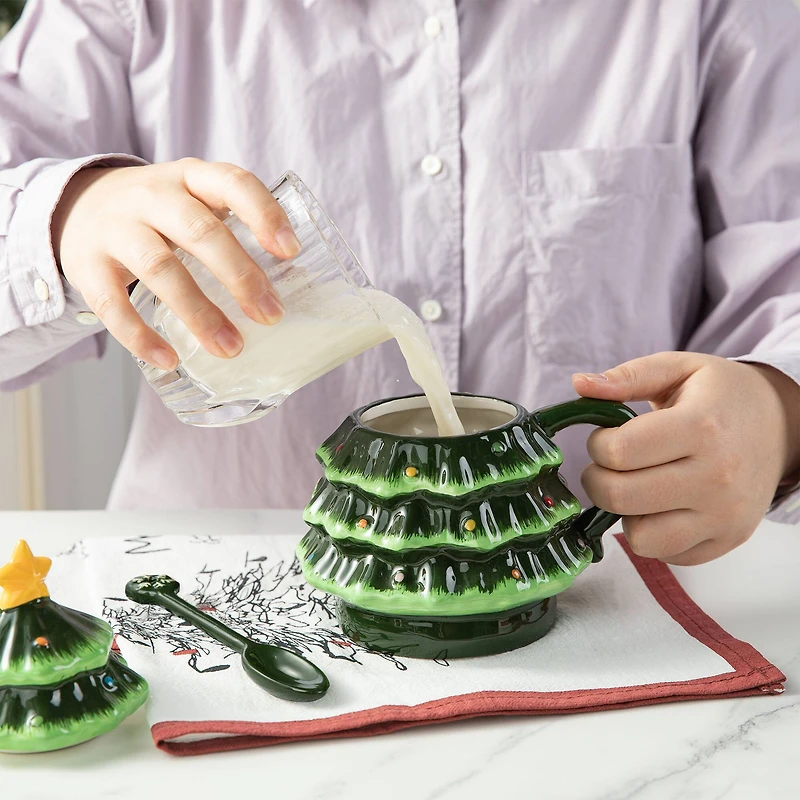 Glitzhome® 6.5" Christmas Ceramic Tree Mug with Lid and Spoon