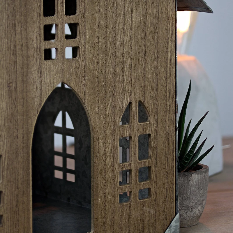 18.5" Wood & Metal Church Bird House Tabletop Accent