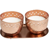 White Wax Sauvignon Blanc Scented Candle Set with Cutout Spotted Copper Container and Oval Holding Tray