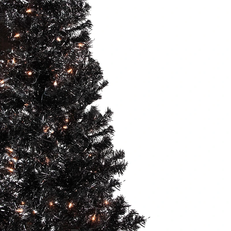 6ft. Pre-Lit Black Tinsel Artificial Christmas Tree, Clear Lights