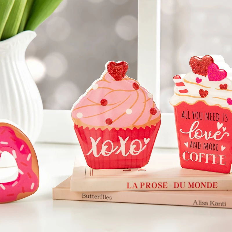 Glitzhome® Valentine's Wooden Cup Cakes & Heart Table Décor Set