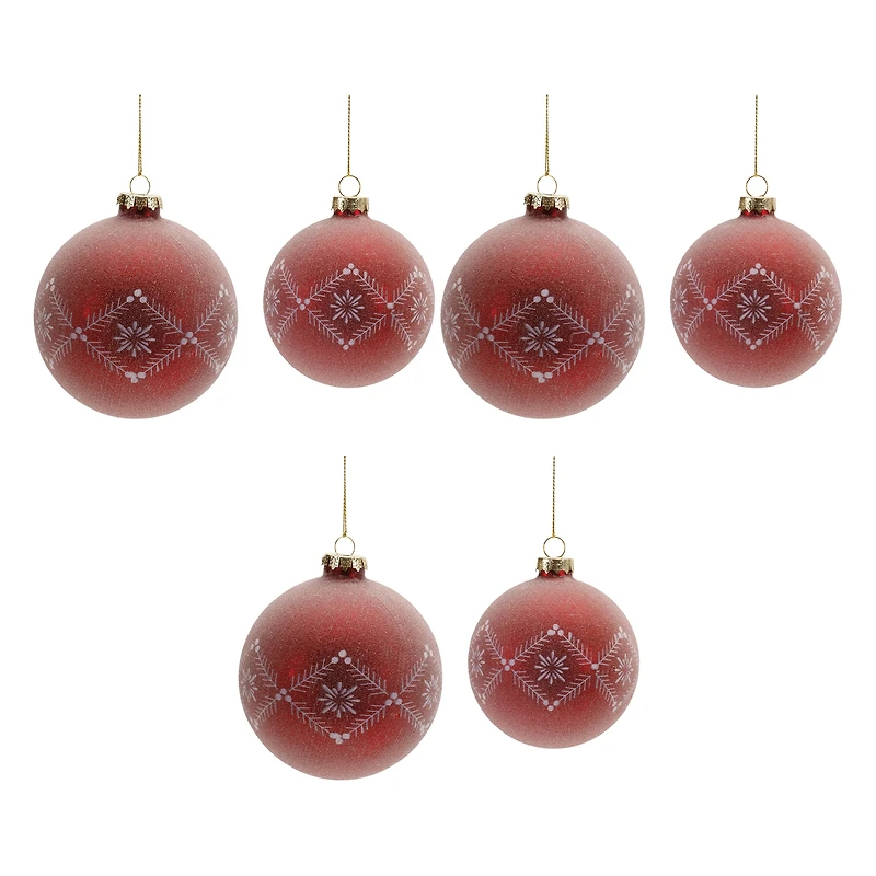 6 Pack Red Etched Frosted Glass Ball Ornaments