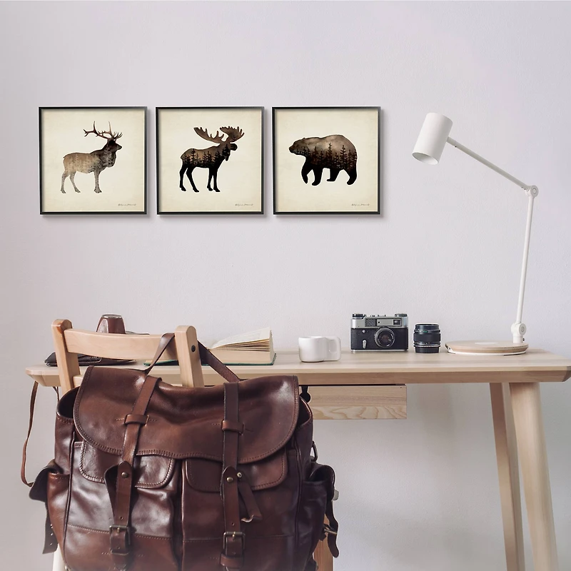 Stupell Industries Woodland Animal Silhouettes Rustic Forest Pine Tree Landscape Framed Wall Art