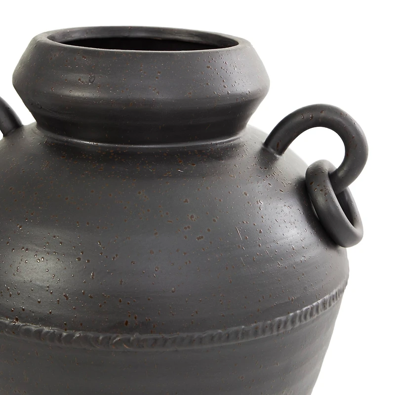 15" Black Ceramic Amphora Vase with Speckled Texture & Ring Handles