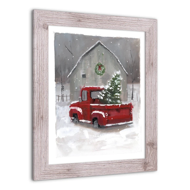 Snowy Christmas Truck Western White Framed Print