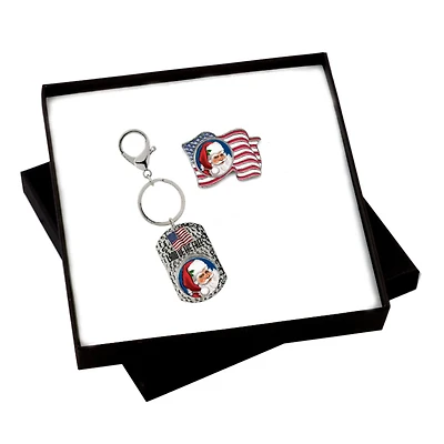 Patriotic Santa Colorized Quarter Flag Pin and Key Chain Gift Set