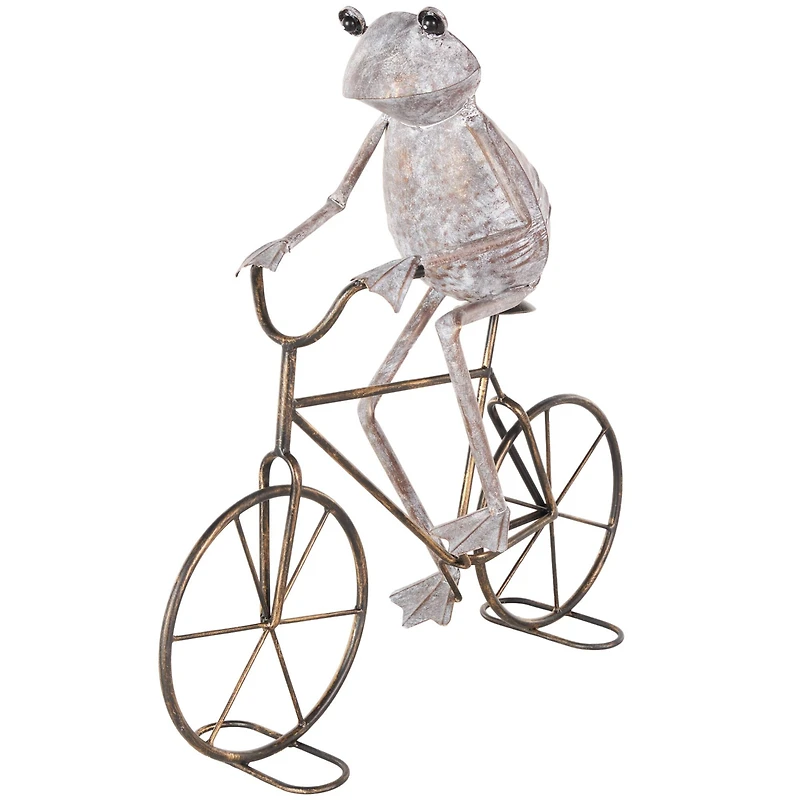 19.5" Frog on Bicycle Metal Garden Sculpture with Gold Accents
