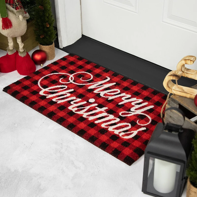 Red and Black Plaid "Merry Christmas" Natural Coir Christmas Outdoor Doormat 18" x 30"