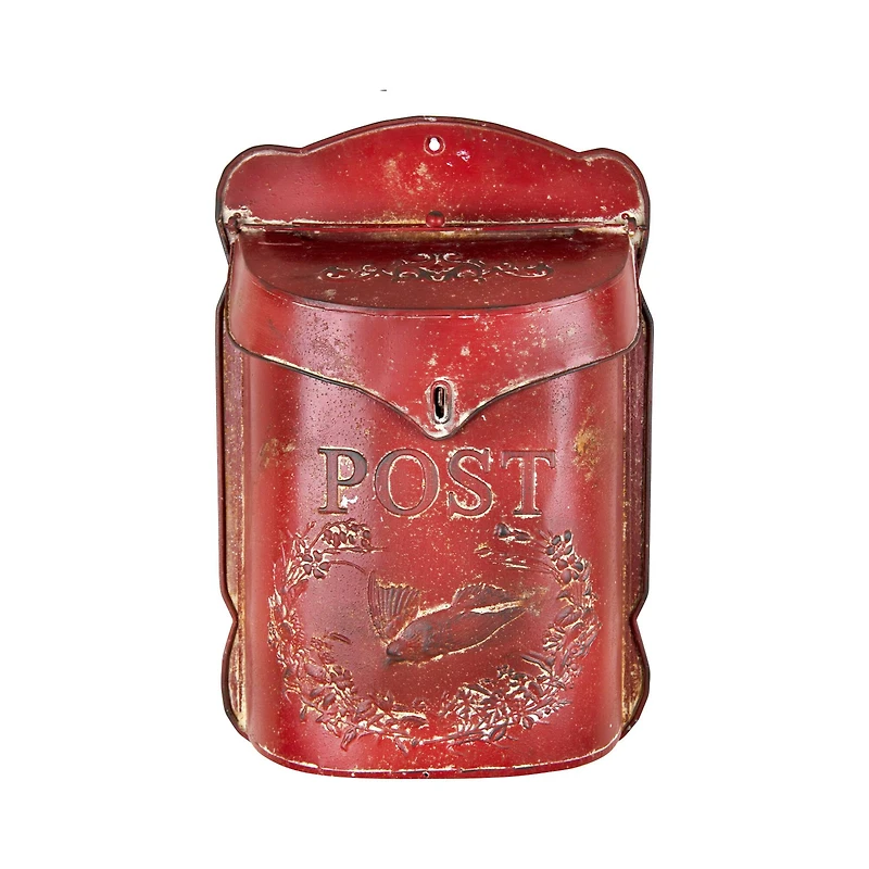 Hello Honey® 15.5" Red Embossed Tin Post Letter Box with Distressed Finish Wall Décor