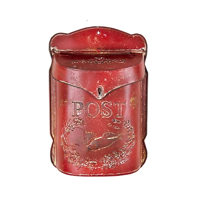 Hello Honey® 15.5" Red Embossed Tin Post Letter Box with Distressed Finish Wall Décor