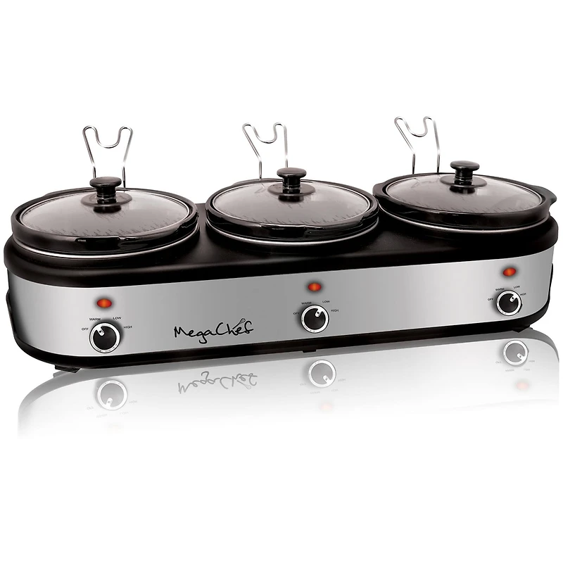 MegaChef Brushed Silver & Black Finish Triple 2.5qt. Slow Cooker & Buffet Server With 3 Ceramic Cooking Pots & Removable Lid Rests