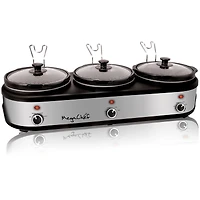 MegaChef Brushed Silver & Black Finish Triple 2.5qt. Slow Cooker & Buffet Server With 3 Ceramic Cooking Pots & Removable Lid Rests