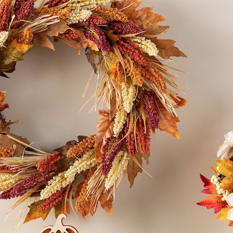 Glitzhome® 24" Fall Sorghum Wreath Includes a Black Metal Wreath Hanger