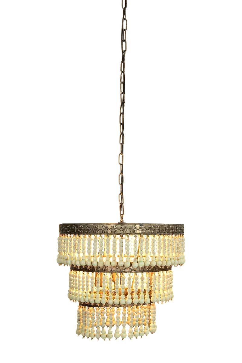 Hello Honey® 21.3" 3-Tier Round Metal Chandelier With 3 Lights & Hanging Wood Beads